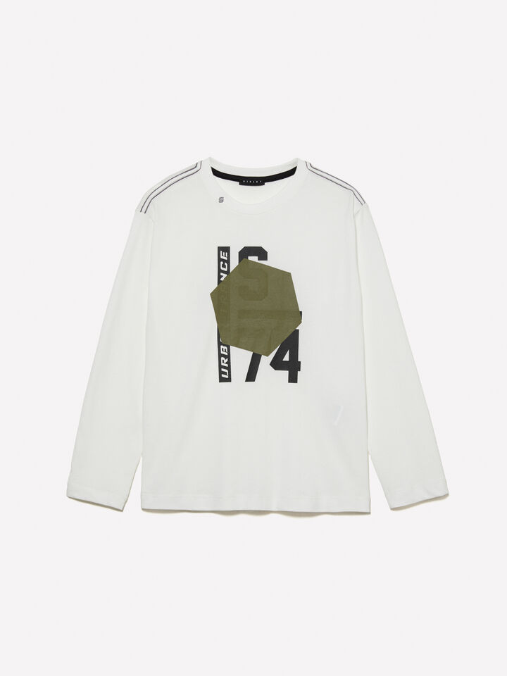 White t-shirt with embossed print - boys' long sleeve t-shirts - White | Sisley Young image number 1